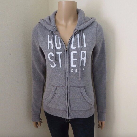 Hollister Womens Logo Fleece Jacket Size XS Hoodie Gray Surf - Picture 1 of 5